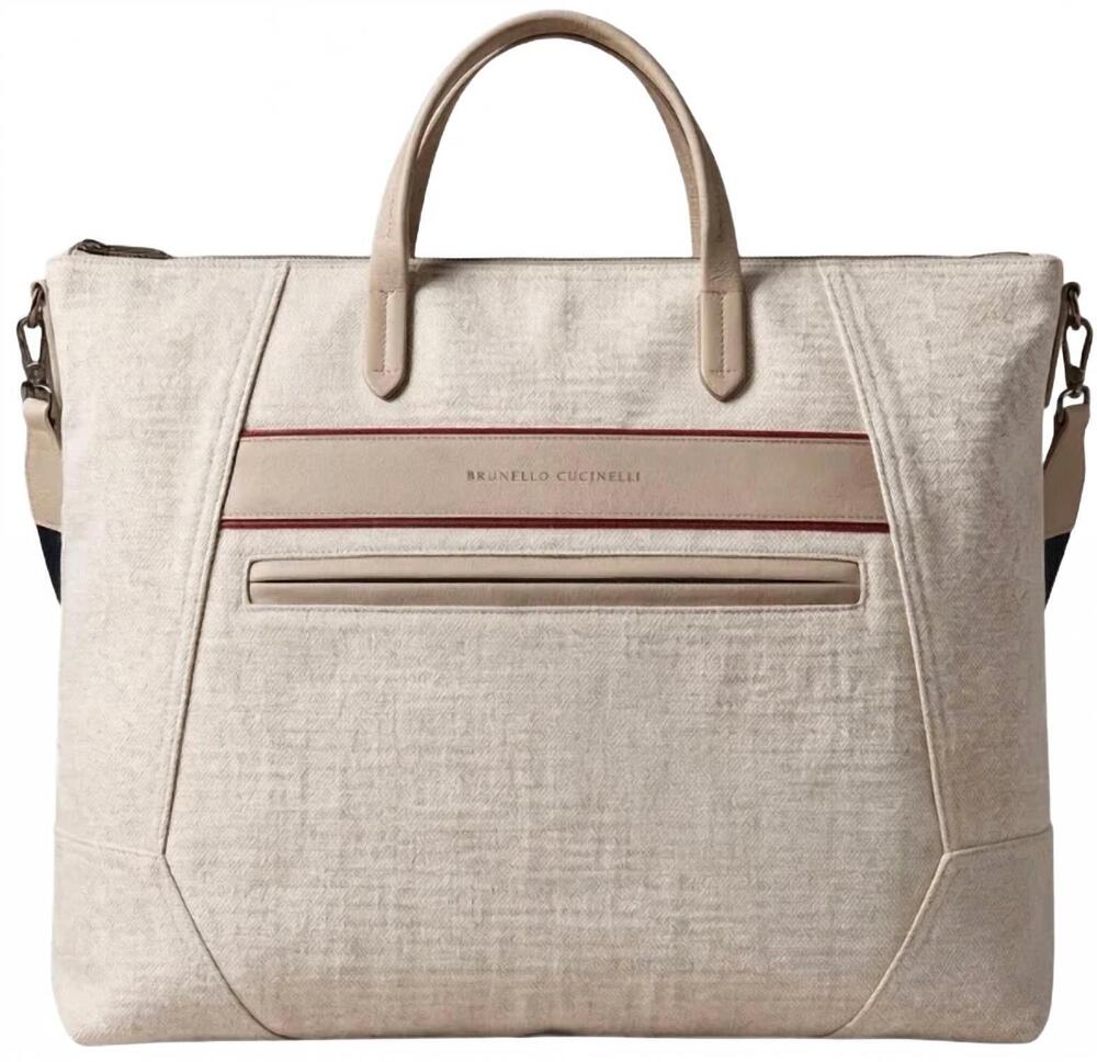 NEW BRUNELLO CUCINELLI women's linen blend and leather tote handbag in ecru
